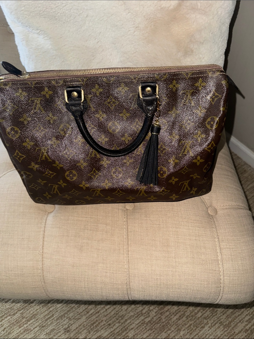 Louis Vuitton speedy 35 professionally died to black with Black Tassel Accent